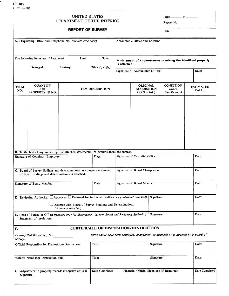 Form DI-103 Report of Survey, Page 1