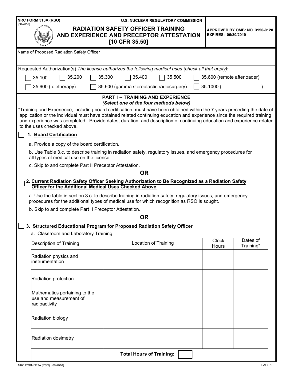 NRC Form 313A Radiation Safety Officer Training and Experience and Preceptor Attestation, Page 1