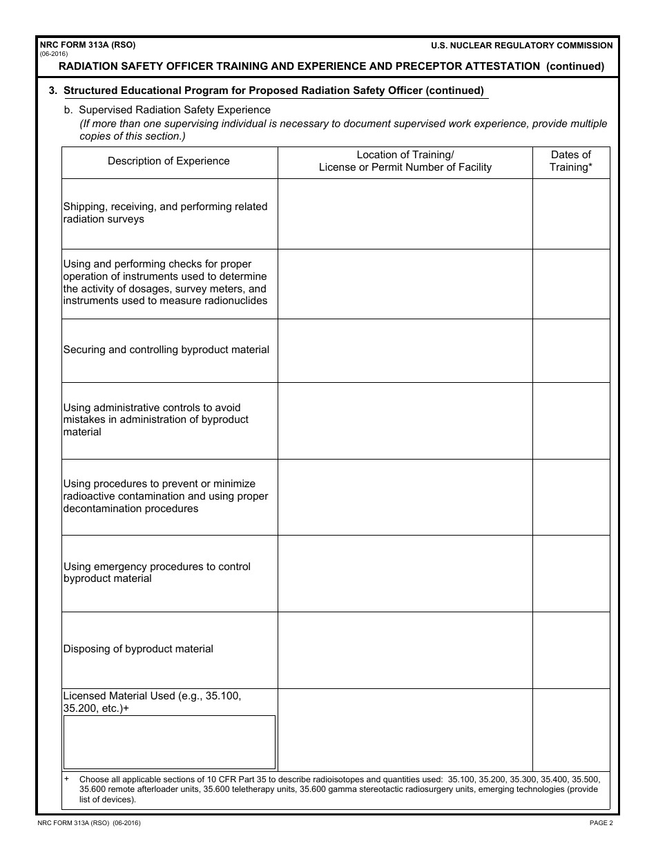 NRC Form 313A Radiation Safety Officer Training and Experience and Preceptor Attestation, Page 2