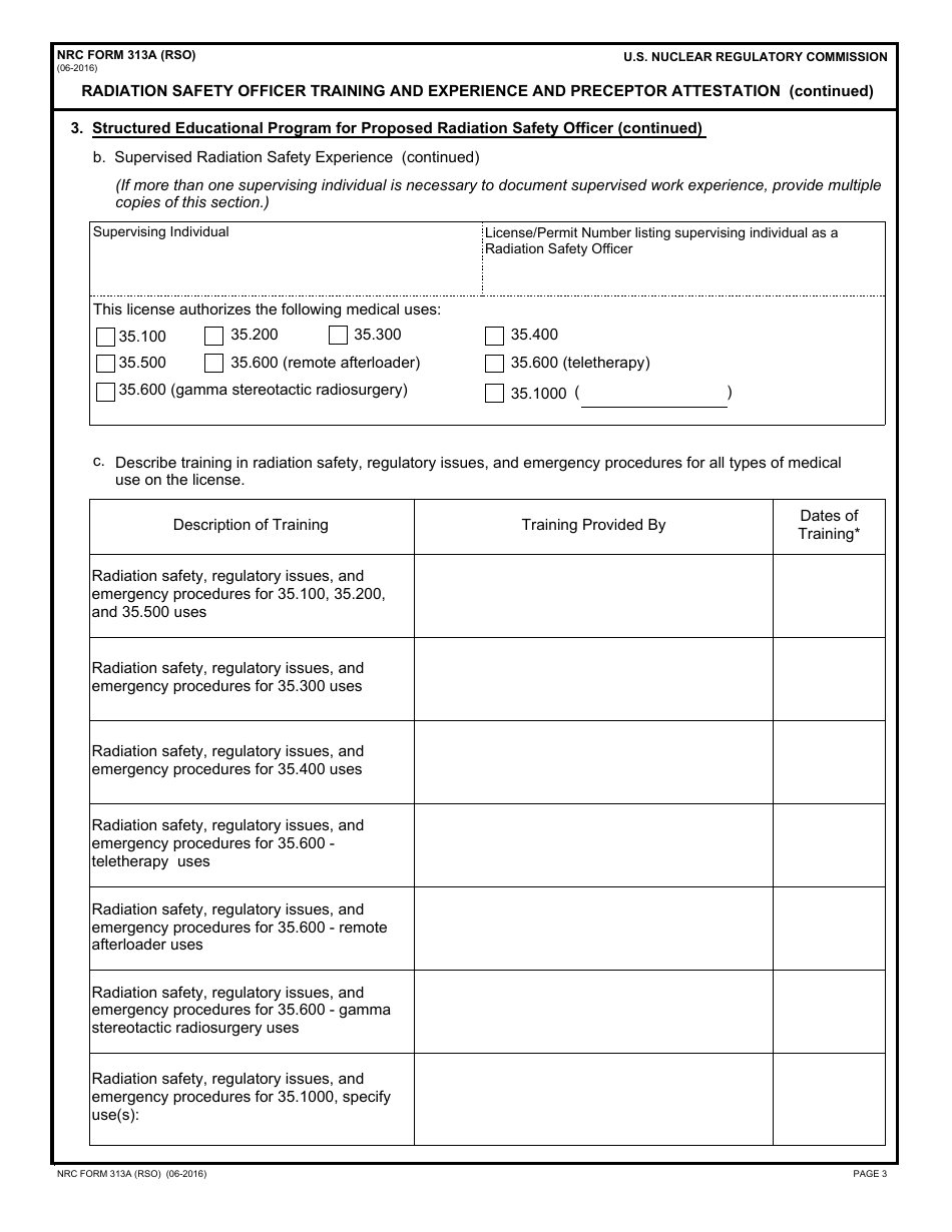 NRC Form 313A Radiation Safety Officer Training and Experience and Preceptor Attestation, Page 3