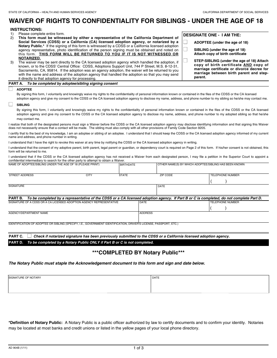 Form AD904b Waiver of Rights to Confidentiality for Siblings - Under the Age of 18 - California, Page 1