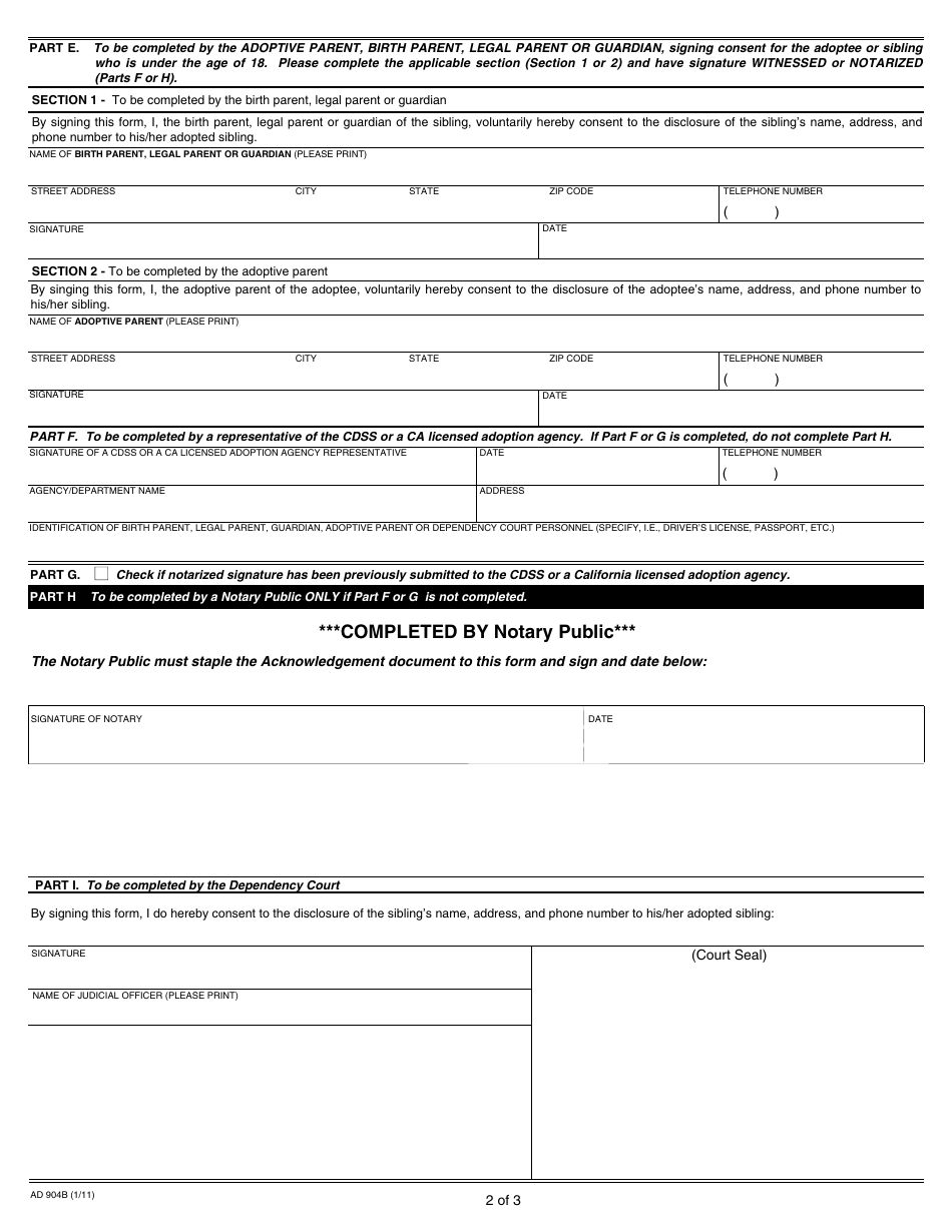 Form AD904b Waiver of Rights to Confidentiality for Siblings - Under the Age of 18 - California, Page 2