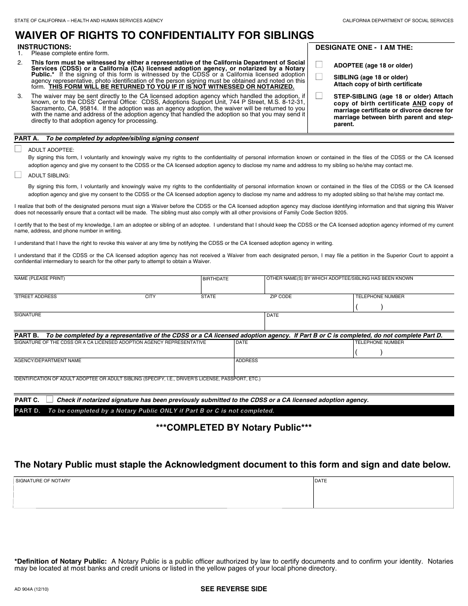 Form AD904A Waiver of Rights to Confidentiality for Siblings - California, Page 1