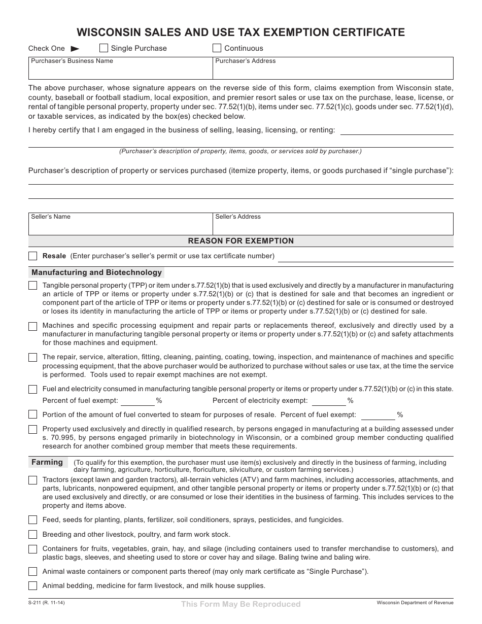 Form S-211 Wisconsin Sales and Use Tax Exemption Certificate - Wisconsin, Page 1