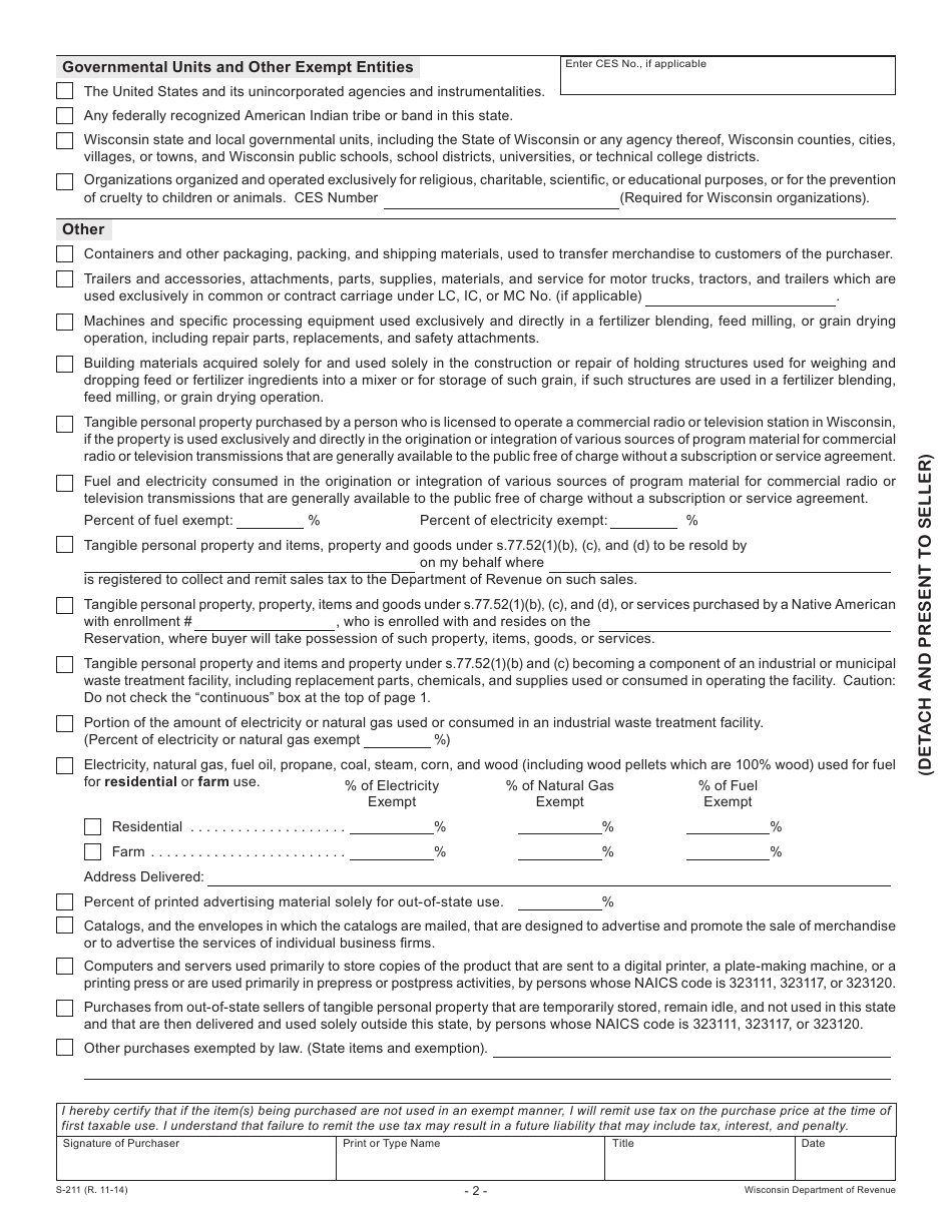 Form S-211 Wisconsin Sales and Use Tax Exemption Certificate - Wisconsin, Page 2
