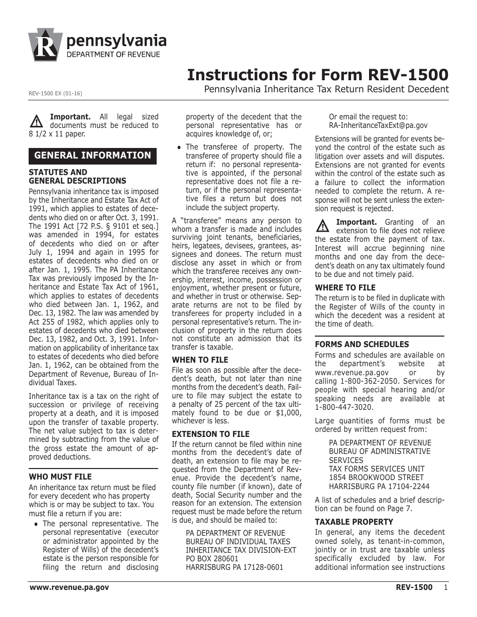 Instructions for Form REV-1500 Pennsylvania Inheritance Tax Return Resident Decedent - Pennsylvania, Page 1