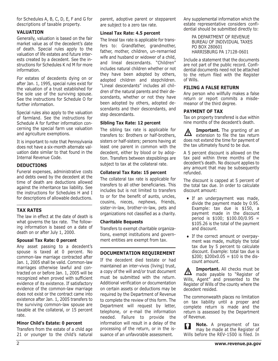 Download Instructions For Form Rev 1500 Pennsylvania Inheritance Tax Return Resident Decedent 8867