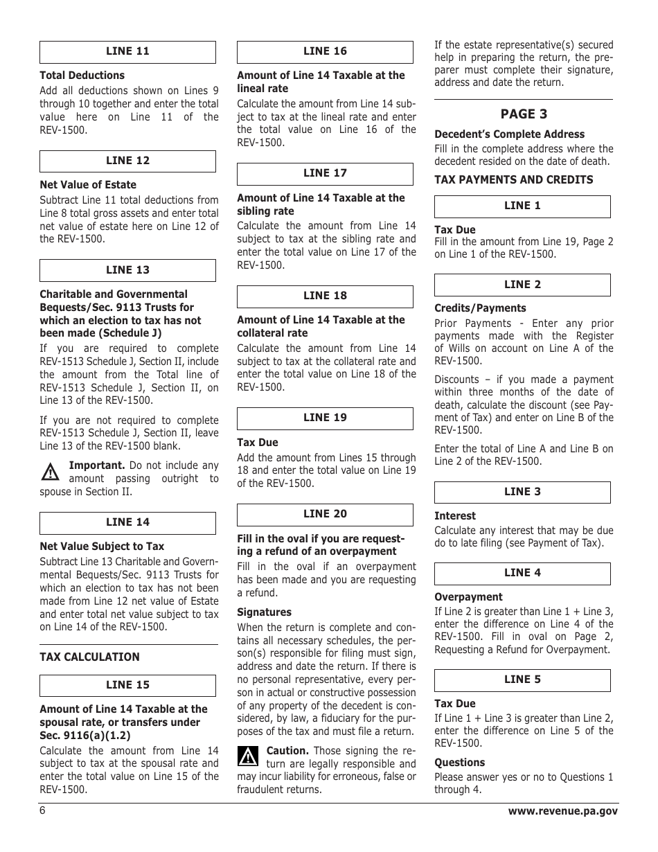 Download Instructions For Form Rev 1500 Pennsylvania Inheritance Tax Return Resident Decedent 7829