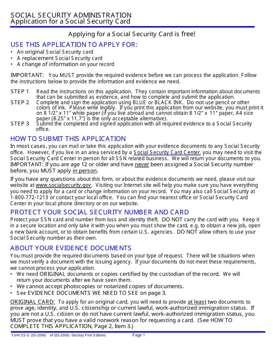 Form SS-5 Application for a Social Security Card, Page 1