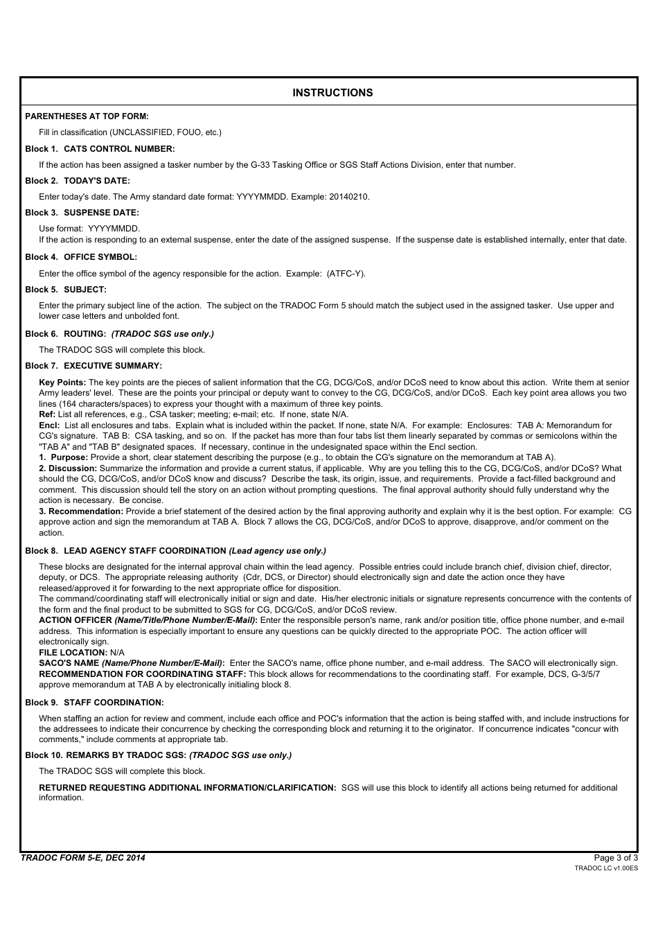 TRADOC Form 5-E Transmittal, Action and Control, Page 3