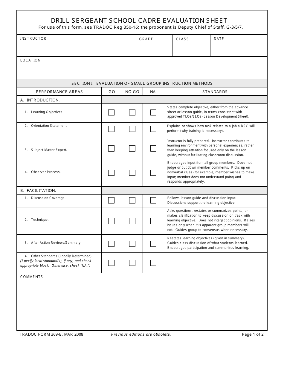 TRADOC Form 369-E Drill Sergeant School Cadre Evaluation Sheet, Page 1
