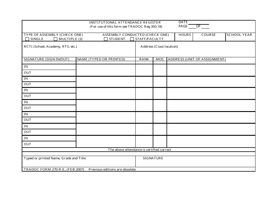 TRADOC Form 270-R-E Institutional Attendance Register, Page 1