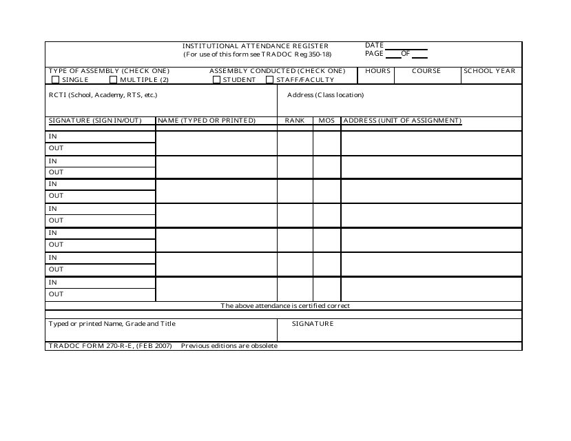 TRADOC Form 270-R-E Institutional Attendance Register