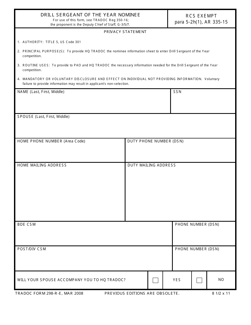 TRADOC Form 298-R-E Drill Sergeant of the Year Nominee, Page 1