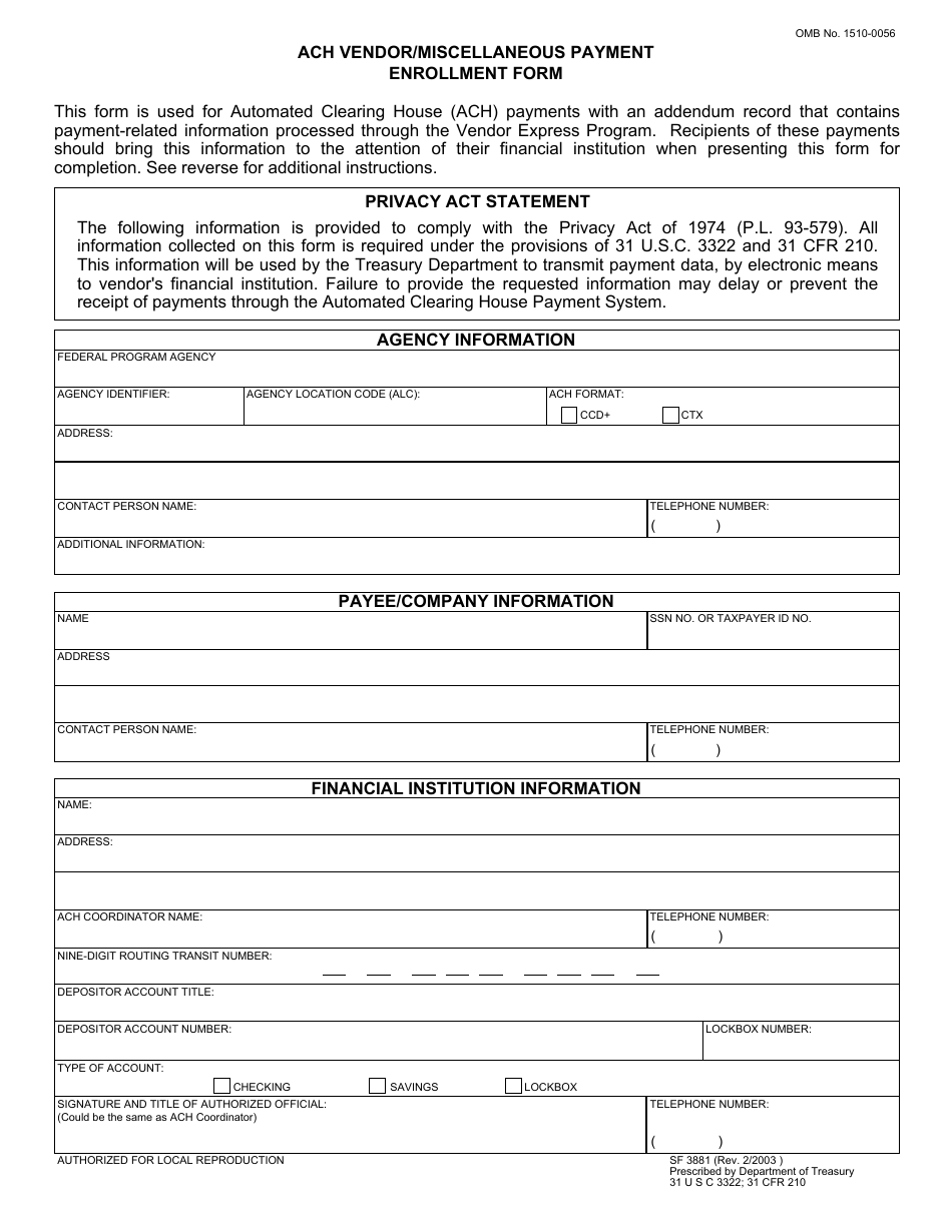 SBA Form SF-3881 ACH Vendor / Miscellaneous Payment Enrollment Form, Page 1