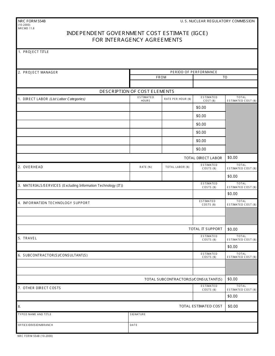 NRC Form 554B Independent Government Cost Estimate (Igce) for Interagency Agreements, Page 1