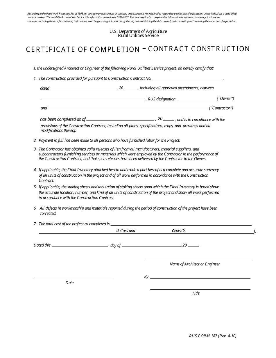 RDUP Form 187 Certificate of Completion - Contract Construction, Page 1