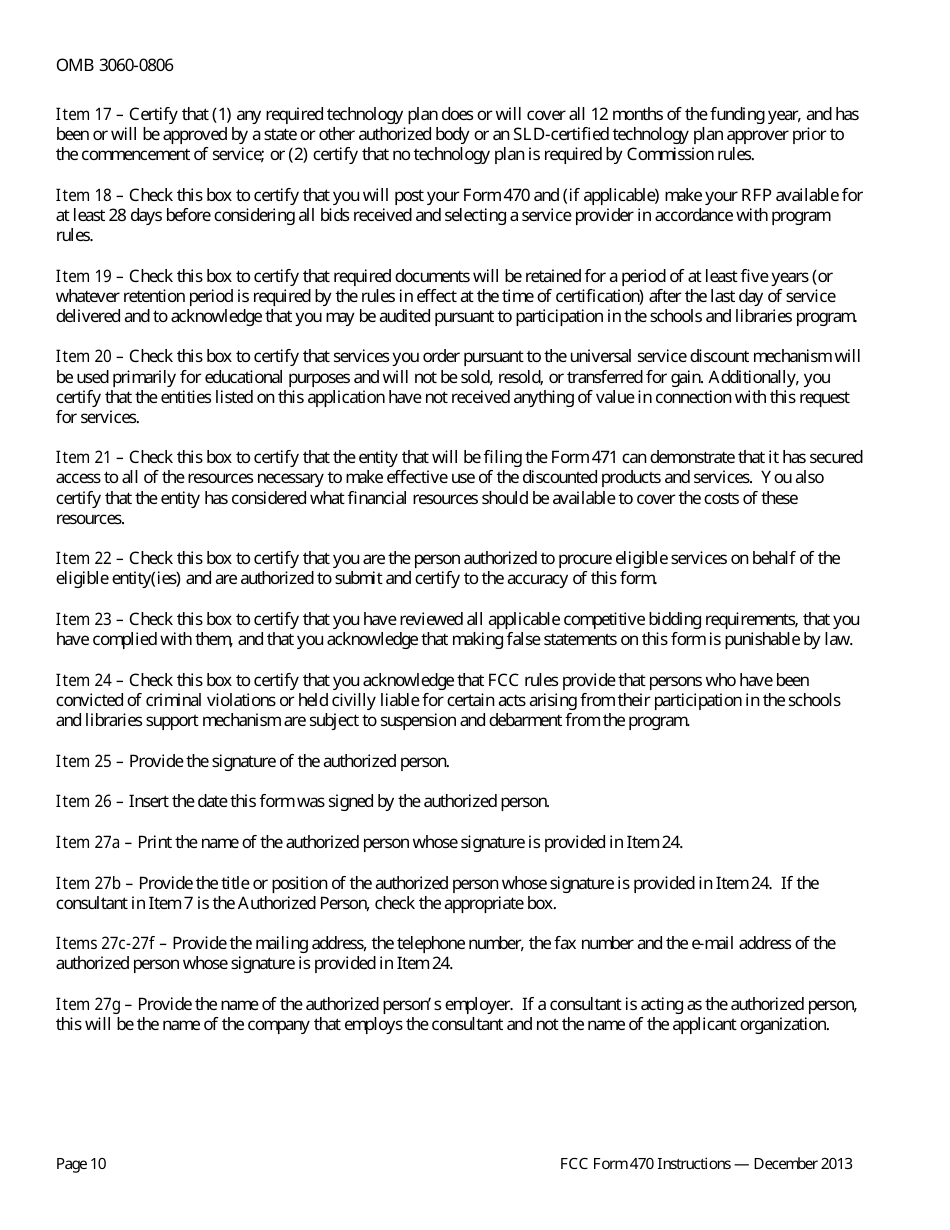 Instructions for FCC Form 470 Schools and Libraries Universal Service Description of Services Requested and Certification Form, Page 10