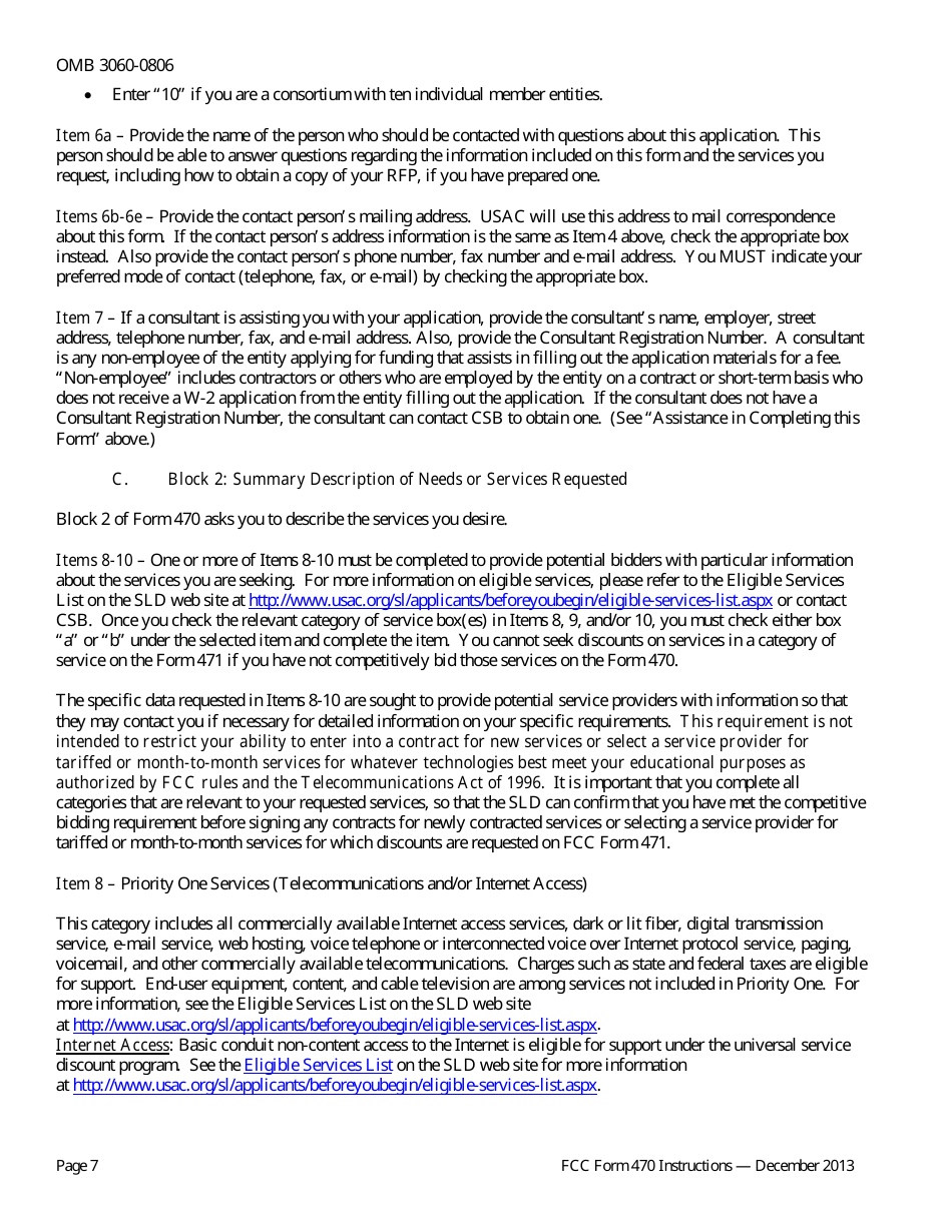 Instructions for FCC Form 470 Schools and Libraries Universal Service Description of Services Requested and Certification Form, Page 7