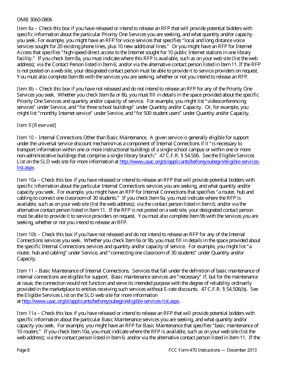 Instructions for FCC Form 470 Schools and Libraries Universal Service Description of Services Requested and Certification Form, Page 8
