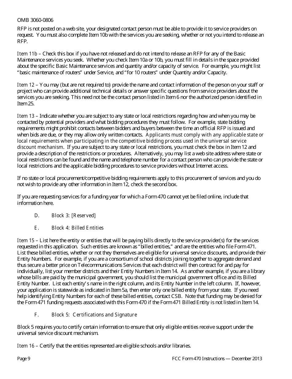 Instructions for FCC Form 470 Schools and Libraries Universal Service Description of Services Requested and Certification Form, Page 9