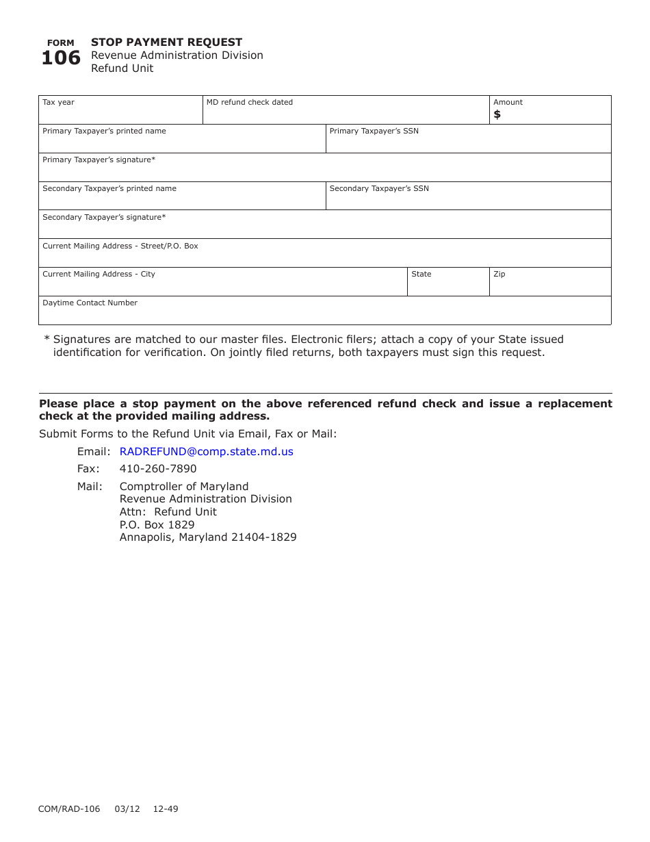 Form COM / RAD-106 Stop Payment Request - Maryland, Page 1