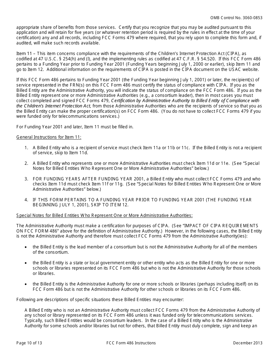 Instructions for FCC Form 486 Schools and Libraries Universal Service Receipt of Service Confirmation and Childrens Internet Protection Act and Technology Plan Certification, Page 10