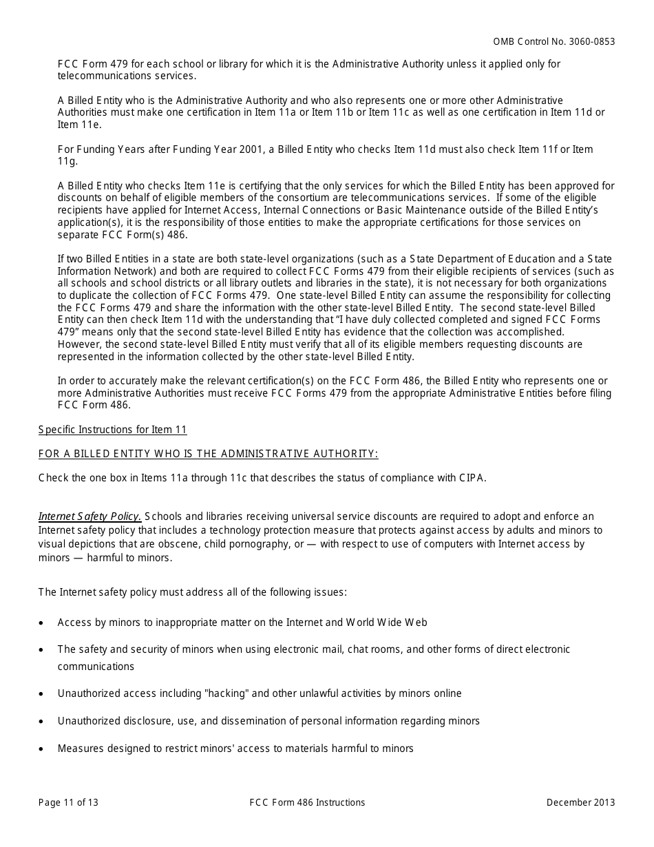 Instructions for FCC Form 486 Schools and Libraries Universal Service Receipt of Service Confirmation and Childrens Internet Protection Act and Technology Plan Certification, Page 11