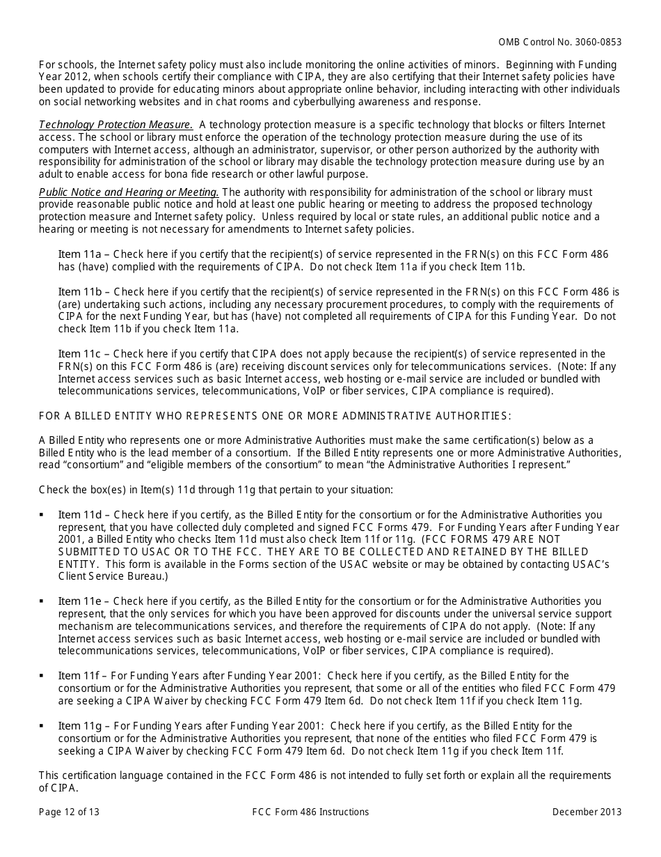 Instructions for FCC Form 486 Schools and Libraries Universal Service Receipt of Service Confirmation and Childrens Internet Protection Act and Technology Plan Certification, Page 12