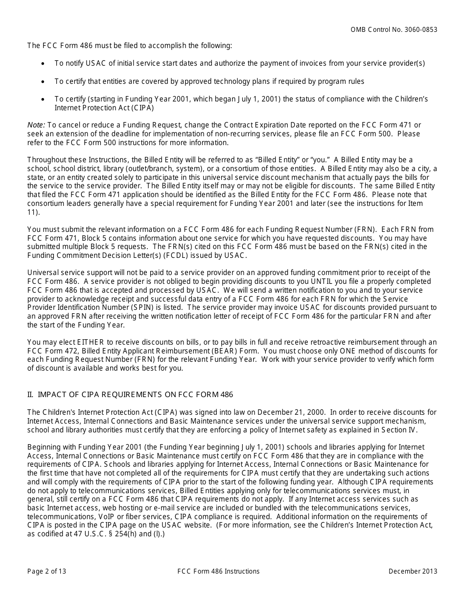 Instructions for FCC Form 486 Schools and Libraries Universal Service Receipt of Service Confirmation and Childrens Internet Protection Act and Technology Plan Certification, Page 2