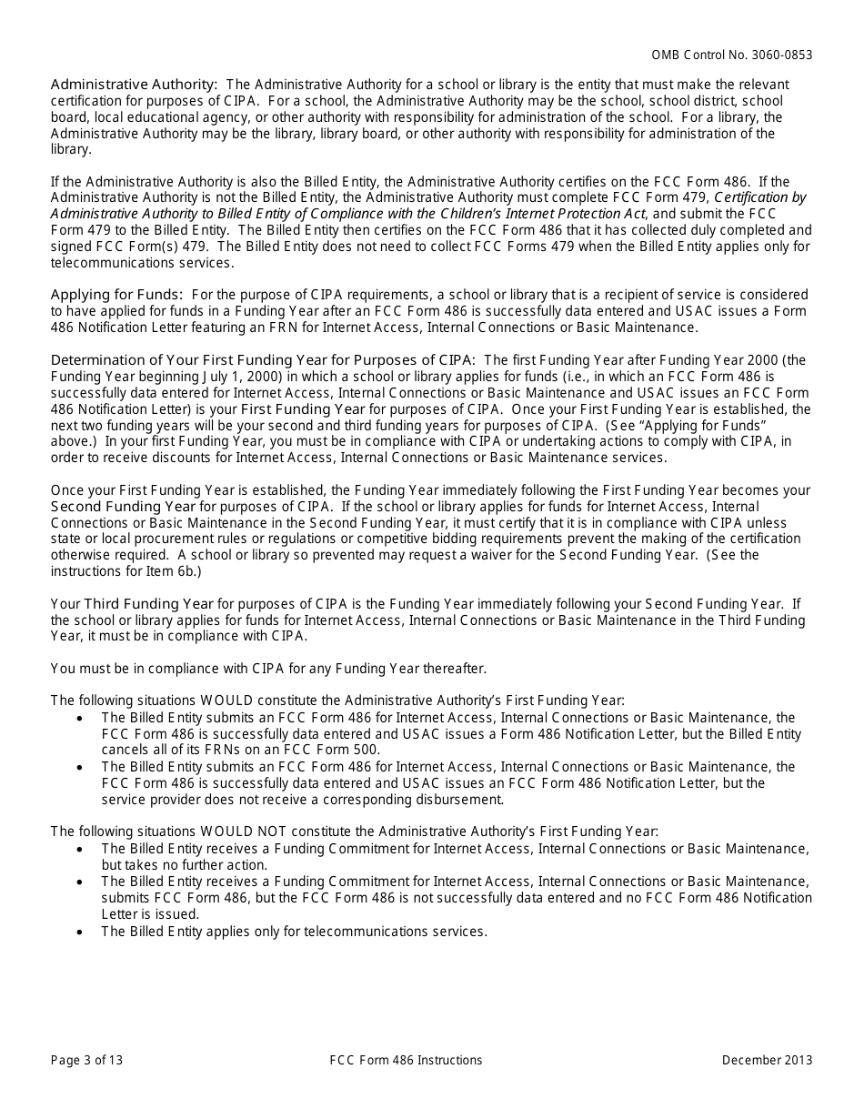 Instructions for FCC Form 486 Schools and Libraries Universal Service Receipt of Service Confirmation and Childrens Internet Protection Act and Technology Plan Certification, Page 3