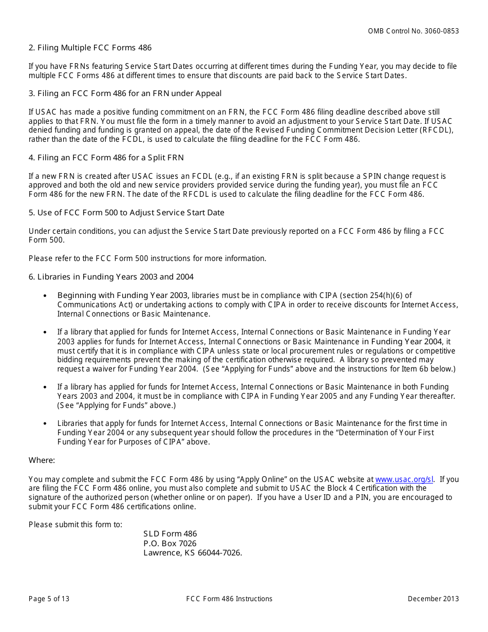Instructions for FCC Form 486 Schools and Libraries Universal Service Receipt of Service Confirmation and Childrens Internet Protection Act and Technology Plan Certification, Page 5