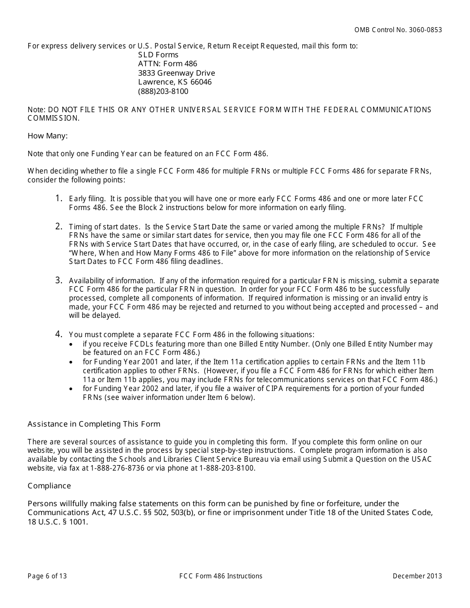 Instructions for FCC Form 486 Schools and Libraries Universal Service Receipt of Service Confirmation and Childrens Internet Protection Act and Technology Plan Certification, Page 6