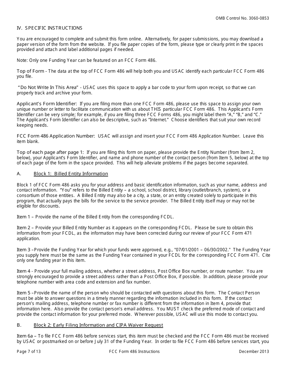 Instructions for FCC Form 486 Schools and Libraries Universal Service Receipt of Service Confirmation and Childrens Internet Protection Act and Technology Plan Certification, Page 7