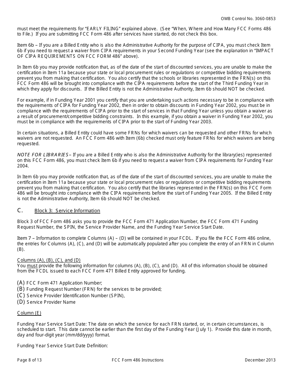 Instructions for FCC Form 486 Schools and Libraries Universal Service Receipt of Service Confirmation and Childrens Internet Protection Act and Technology Plan Certification, Page 8