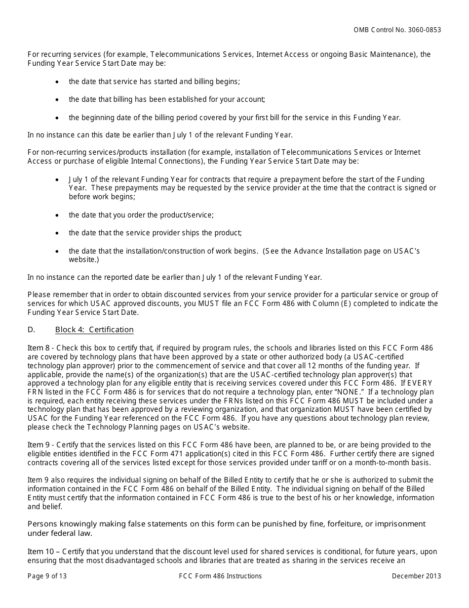 Instructions for FCC Form 486 Schools and Libraries Universal Service Receipt of Service Confirmation and Childrens Internet Protection Act and Technology Plan Certification, Page 9