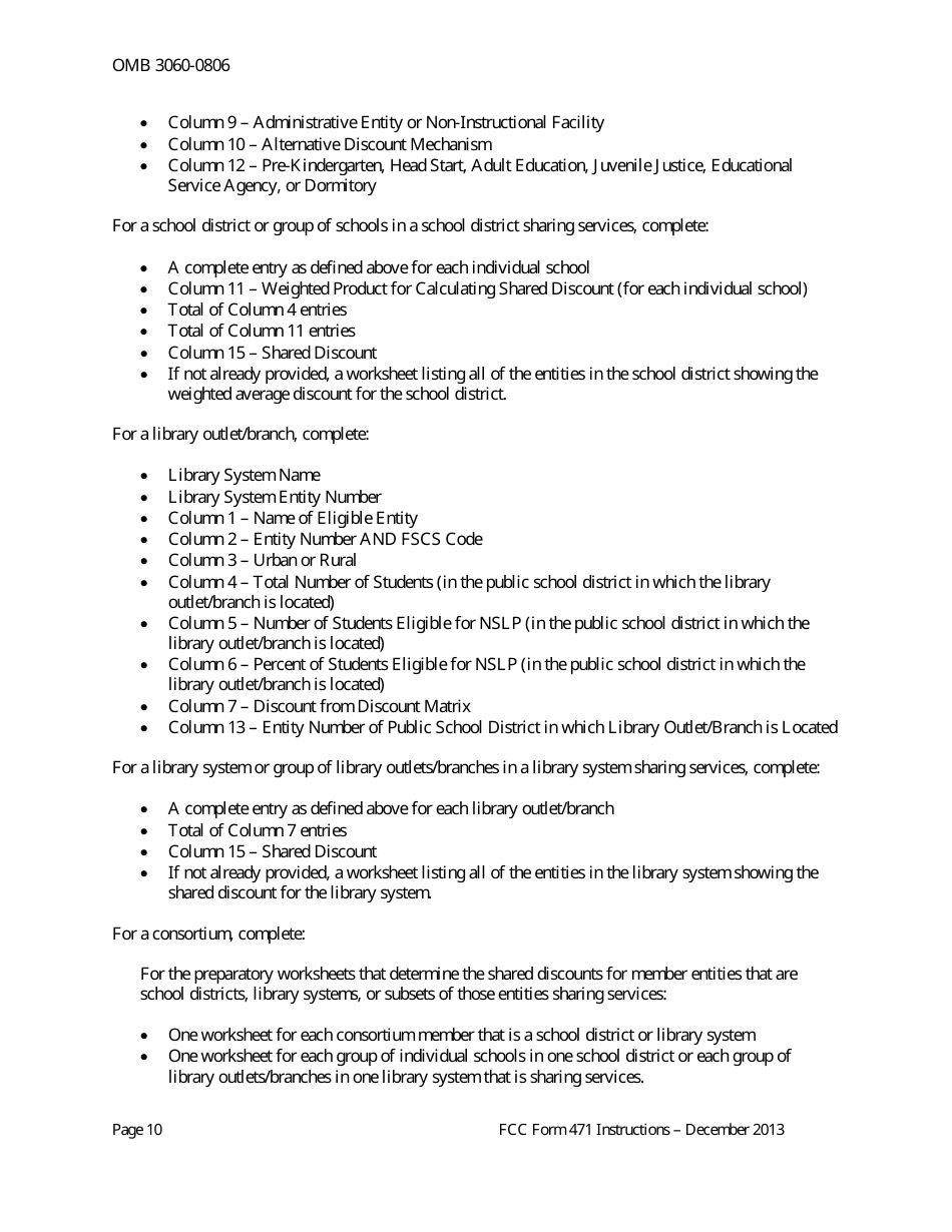 Instructions for FCC Form 471 Schools and Libraries Universal Service. Services Ordered and Certification Form, Page 10