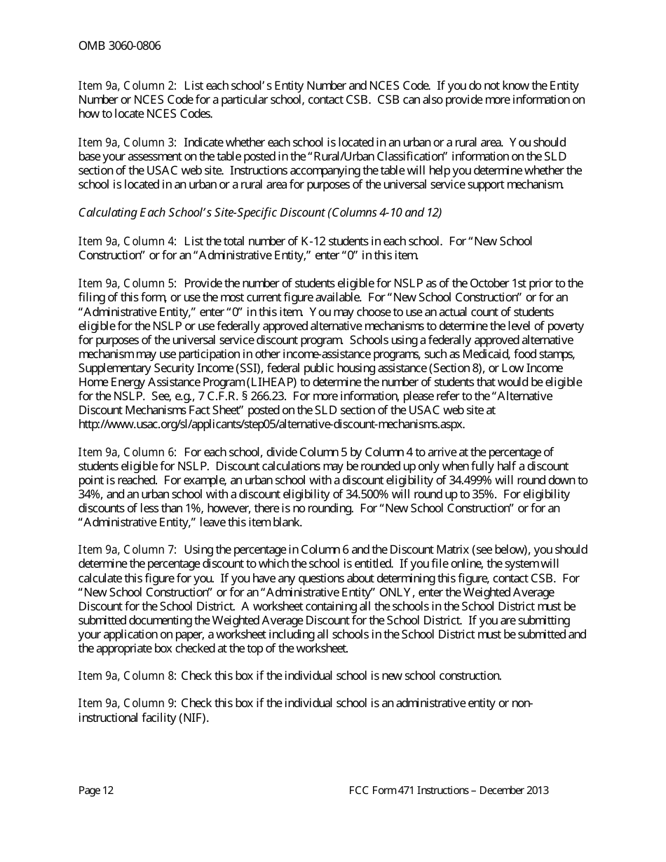 Instructions for FCC Form 471 Schools and Libraries Universal Service. Services Ordered and Certification Form, Page 12