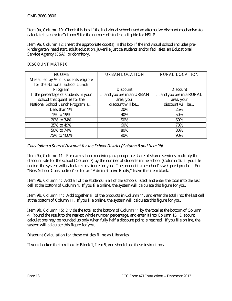 Instructions for FCC Form 471 Schools and Libraries Universal Service. Services Ordered and Certification Form, Page 13