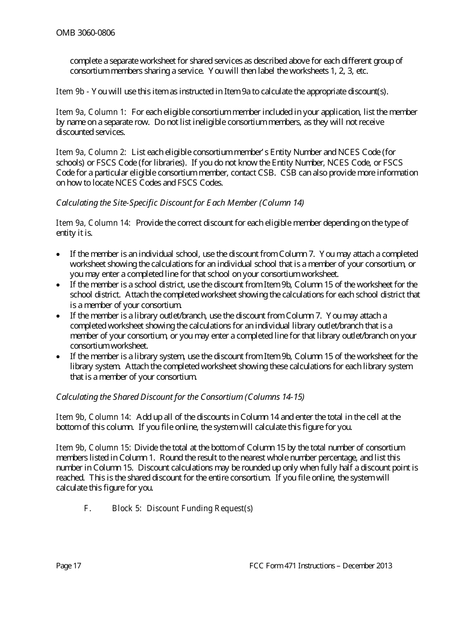 Instructions for FCC Form 471 Schools and Libraries Universal Service. Services Ordered and Certification Form, Page 17