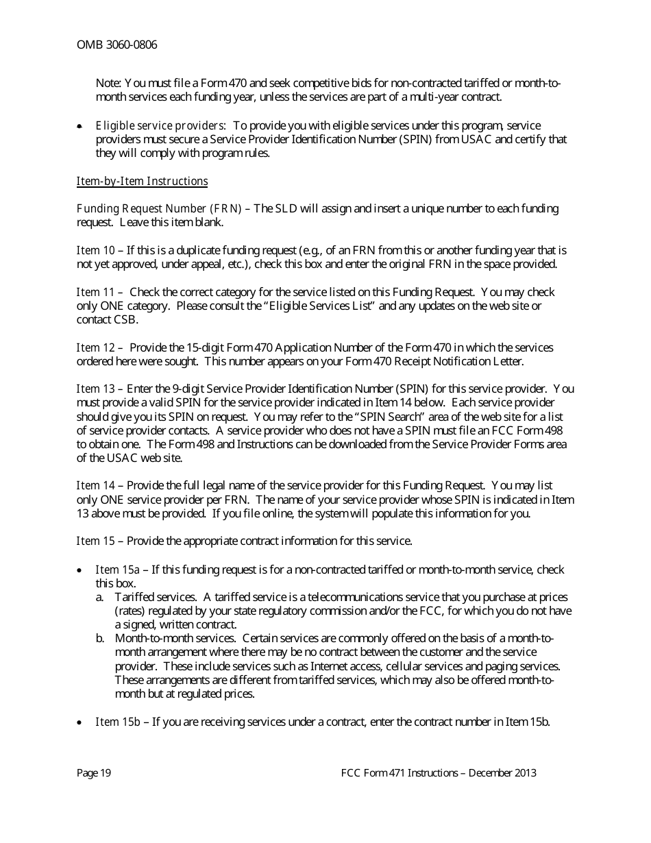 Instructions for FCC Form 471 Schools and Libraries Universal Service. Services Ordered and Certification Form, Page 19