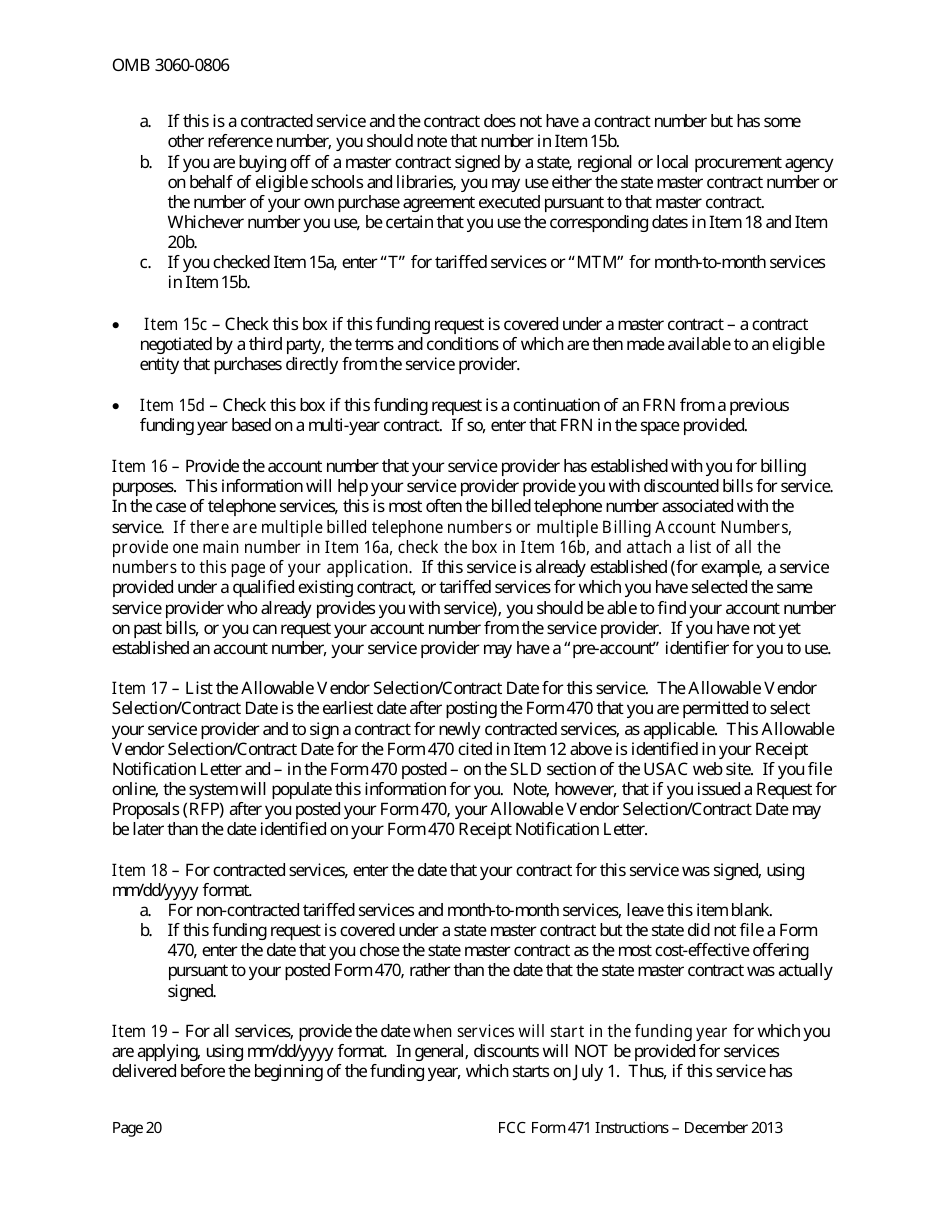 Instructions for FCC Form 471 Schools and Libraries Universal Service. Services Ordered and Certification Form, Page 20