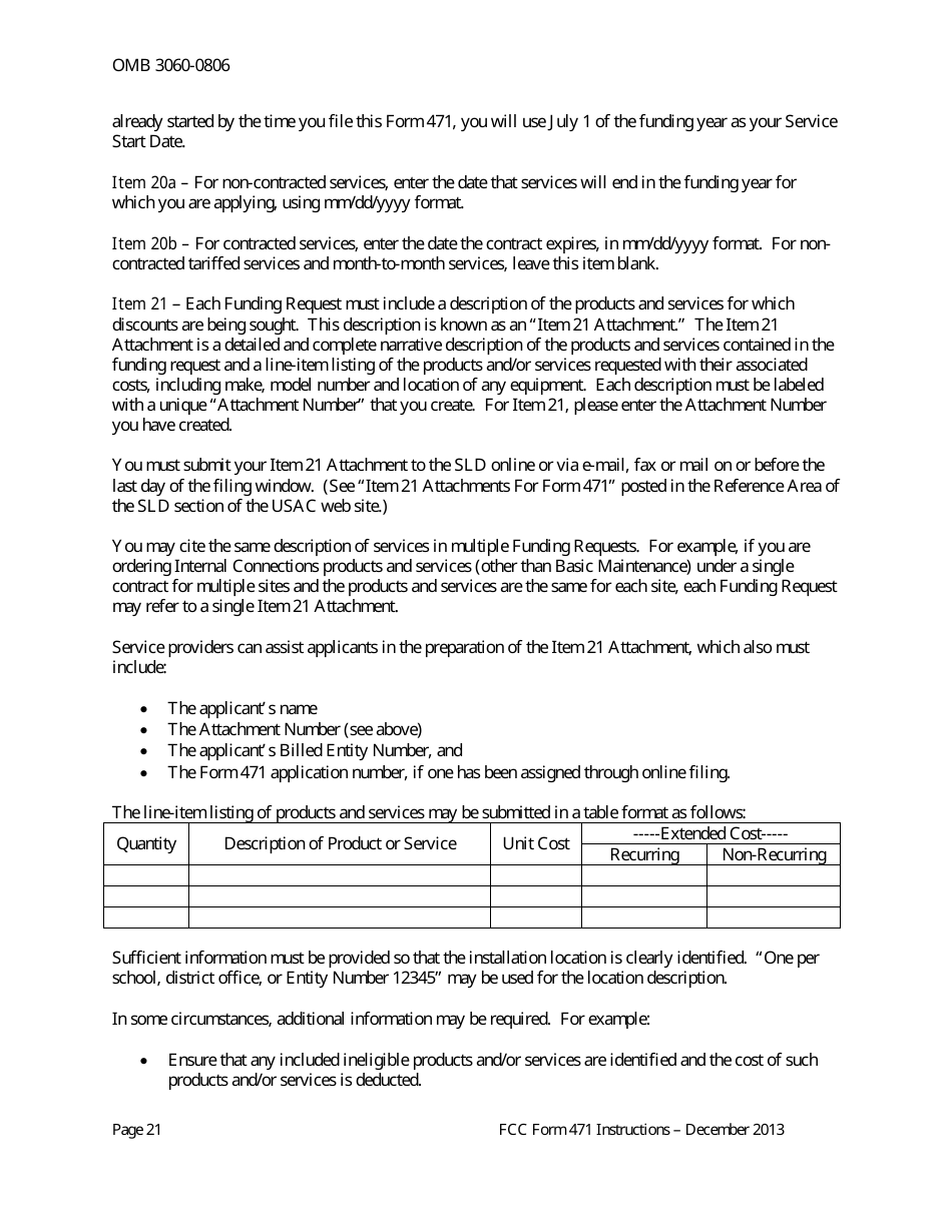 Instructions for FCC Form 471 Schools and Libraries Universal Service. Services Ordered and Certification Form, Page 21