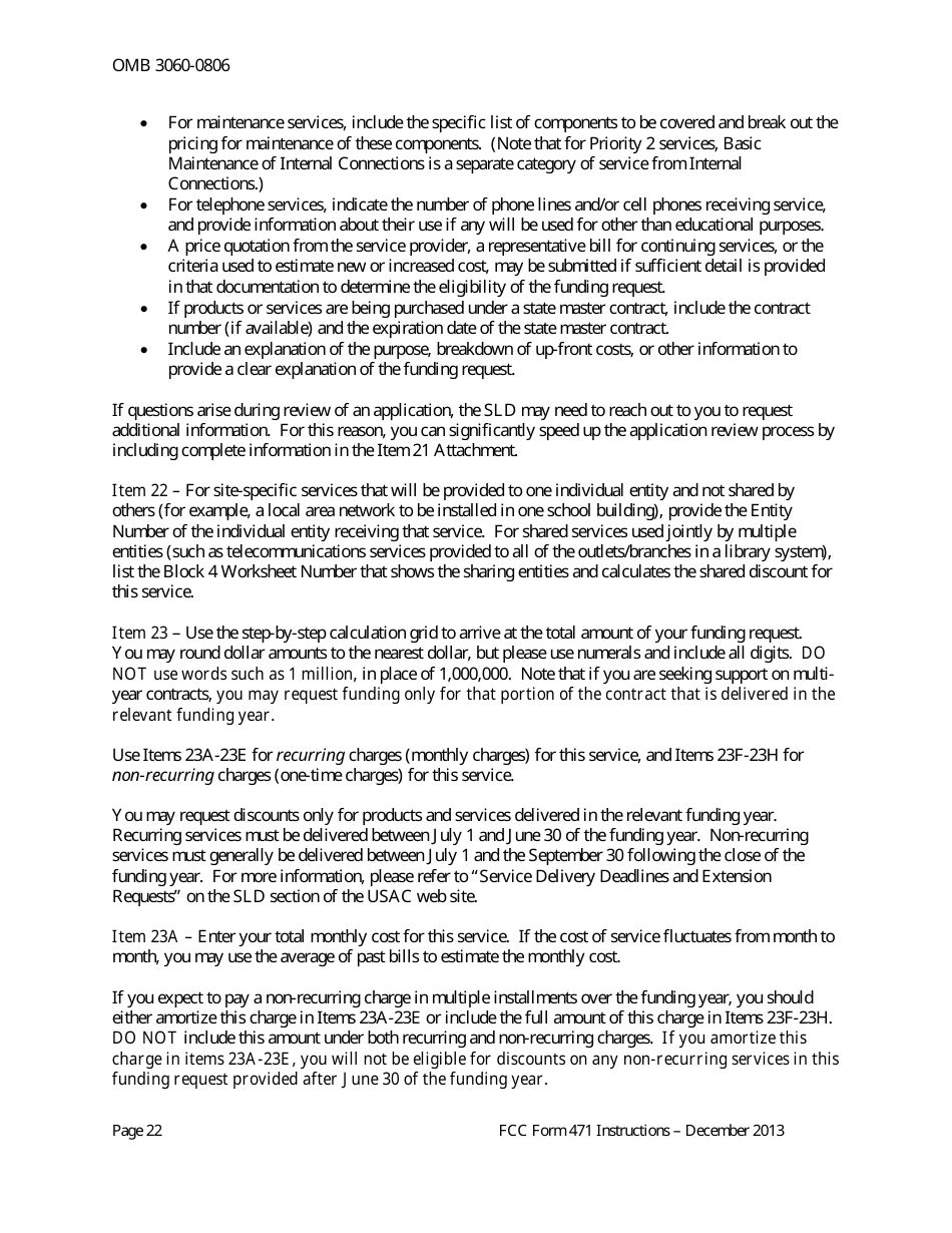 Instructions for FCC Form 471 Schools and Libraries Universal Service. Services Ordered and Certification Form, Page 22