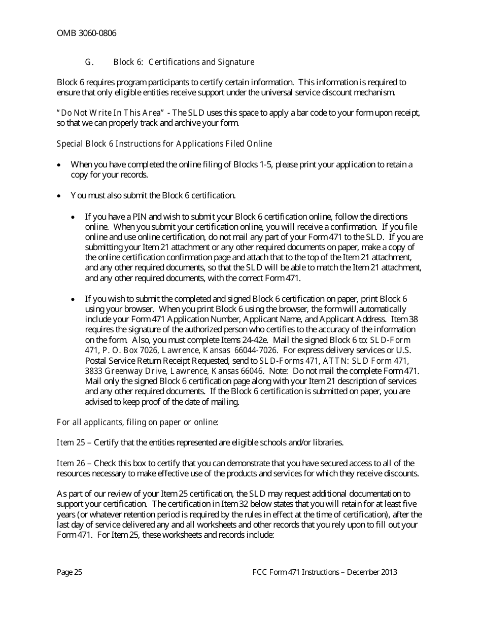 Instructions for FCC Form 471 Schools and Libraries Universal Service. Services Ordered and Certification Form, Page 25