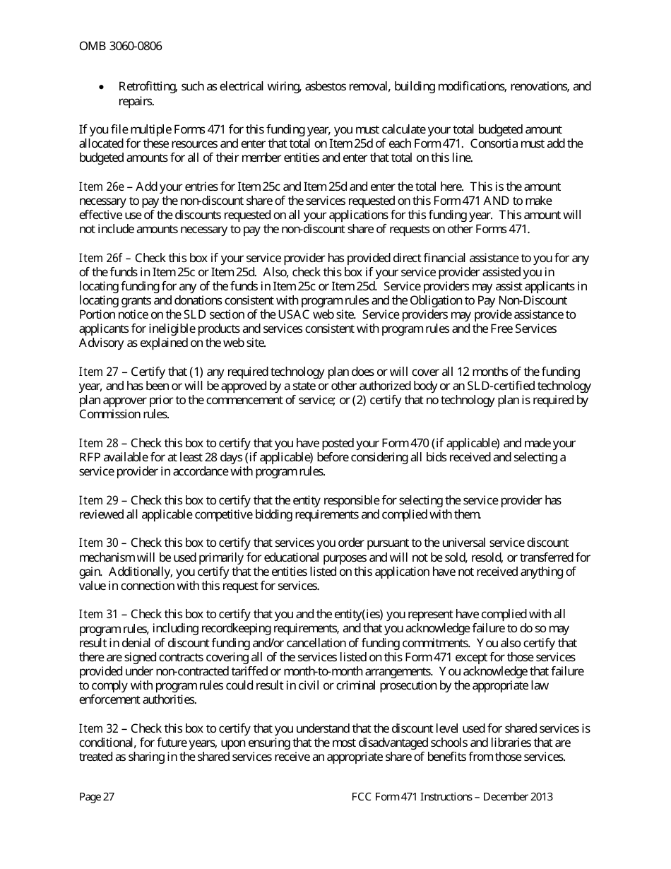 Instructions for FCC Form 471 Schools and Libraries Universal Service. Services Ordered and Certification Form, Page 27
