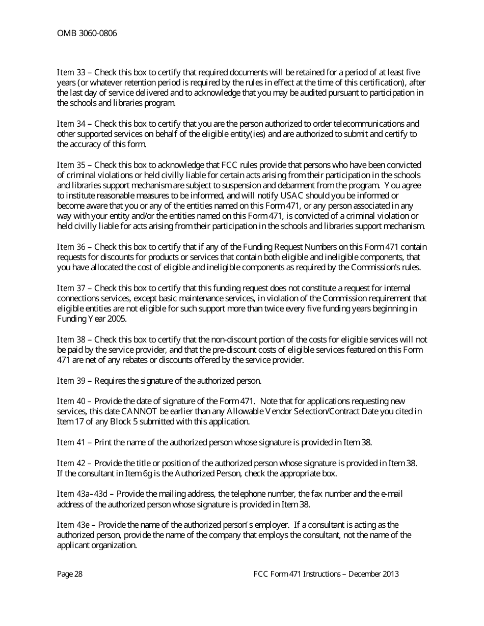 Instructions for FCC Form 471 Schools and Libraries Universal Service. Services Ordered and Certification Form, Page 28
