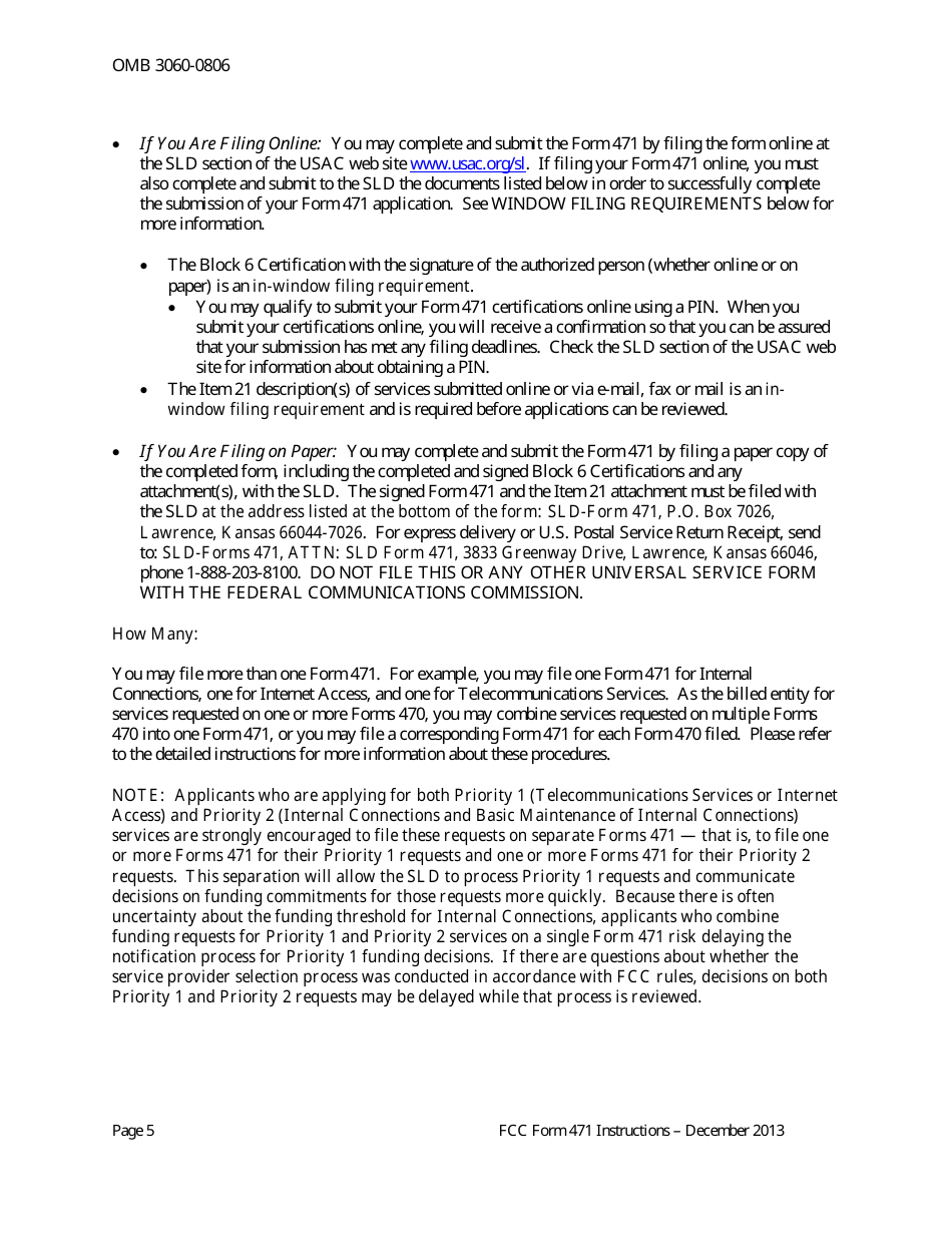 Instructions for FCC Form 471 Schools and Libraries Universal Service. Services Ordered and Certification Form, Page 5