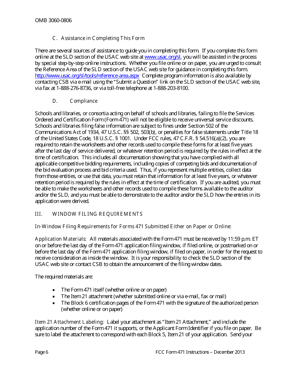 Instructions for FCC Form 471 Schools and Libraries Universal Service. Services Ordered and Certification Form, Page 6