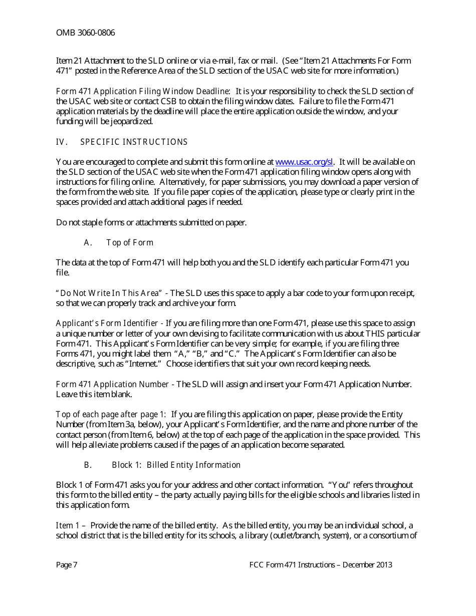 Instructions for FCC Form 471 Schools and Libraries Universal Service. Services Ordered and Certification Form, Page 7